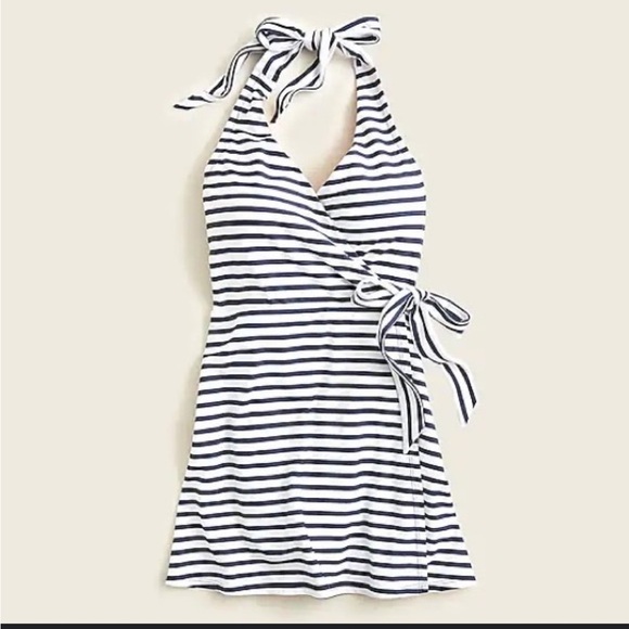 J. Crew Striped Navy and White Halter Wrap Swim Dress - Picture 1 of 10